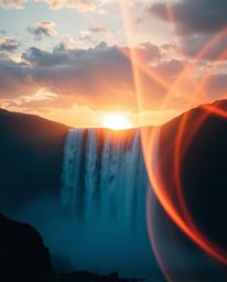 A cinematic, film-like composition of a sun setting behind a dramatic waterfall. Creative light art forms abstract patterns w