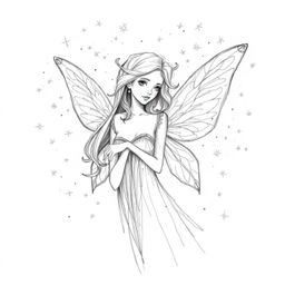 Discover a captivating hand-drawn sketch of a graceful fairy godmother emerging from a swirl of textured sparkles. Rendered