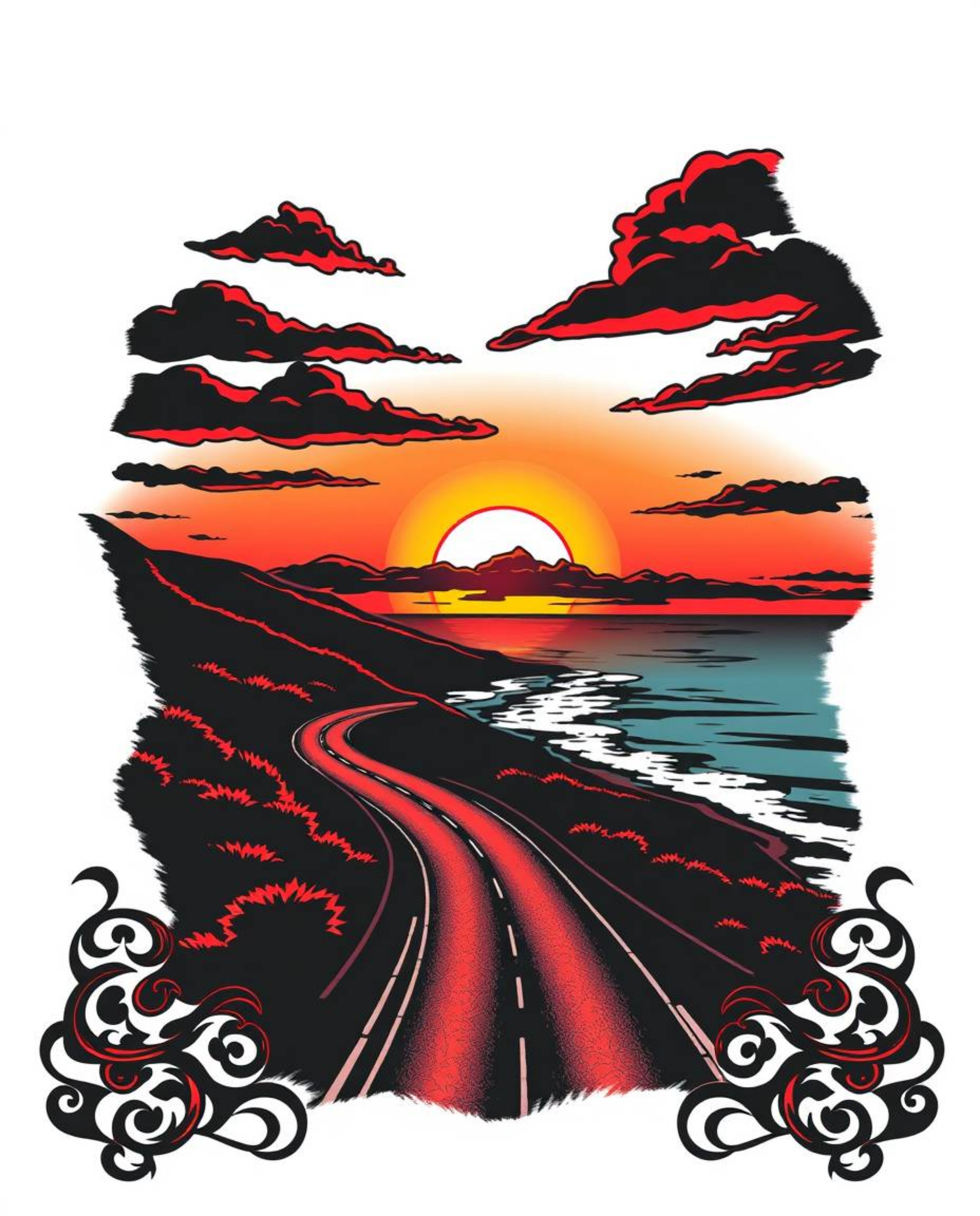 This is a high-contrast, low-key symbolic traditional tattoo art print featuring a sunset sky over a winding coastal highway.