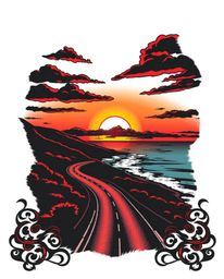 This is a high-contrast, low-key symbolic traditional tattoo art print featuring a sunset sky over a winding coastal highway.