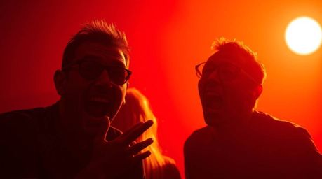 A captivating silhouette photograph captures a hilarious gross-out comedy moment.  Exaggerated facial expressions are dramati