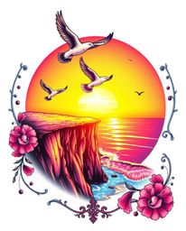 A symbolic traditional tattoo art print features an iridescent sunset over a coastal cliff with soaring birds. The design is 