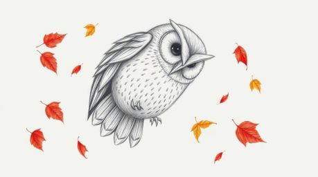 A hand-drawn pencil sketch depicts a blind owl in a Pixar-esque style, gently spiraling downwards amidst falling red and gold