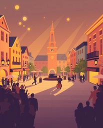 Experience a vibrant musical number set in a cheerful town square, rendered in a modern flat design style. Simple two-dimensi