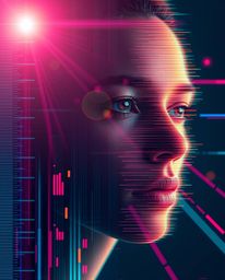 Explore the captivating visual of a digital glitch transforming a human face into a vibrant data stream, characterized by lig