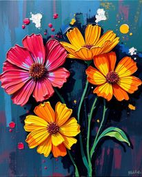 Explore a collection of bold acrylic flower paintings featuring vibrant colors and textured brushstrokes, alongside captivati