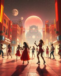 Experience a captivating musical number set in a brightly lit town square, beautifully rendered in a warm futuristic sci-fi s