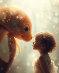 A captivating light art image depicting an unlikely friendship between a sea creature and a child, bathed in hazy, soft light