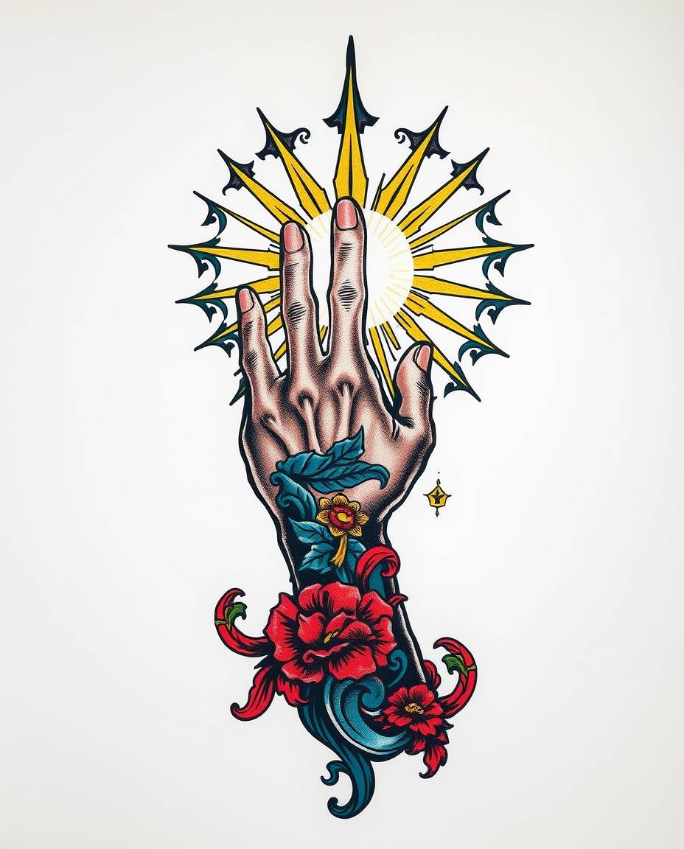 This symbolic traditional tattoo art print depicts a hand reaching towards light from darkness, rendered in vibrant colors wi