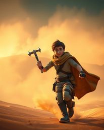 A brave hero embarks on a thrilling desert adventure, rendered in a stunning Disney-style aesthetic. This high-resolution sto