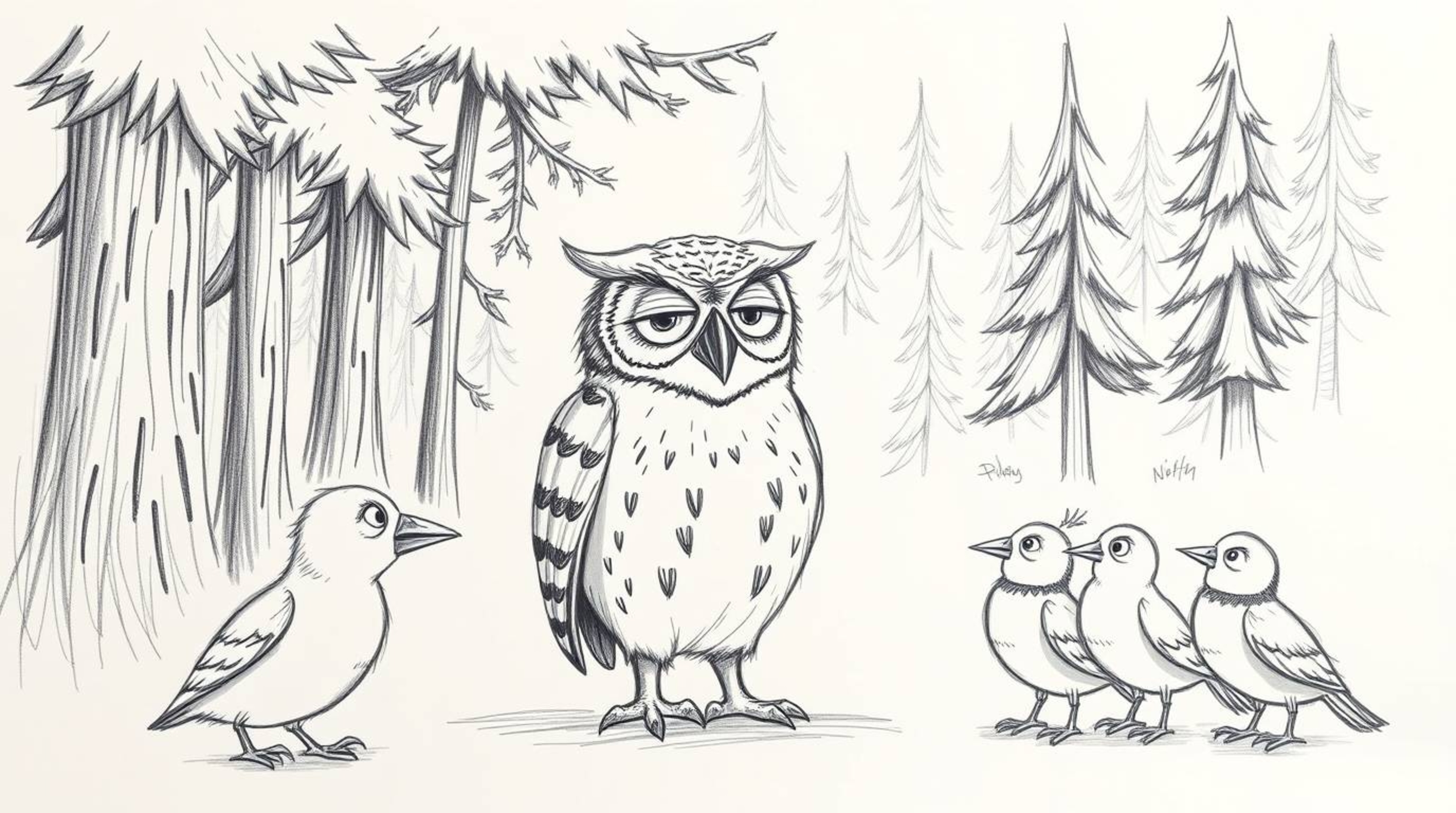 A captivating hand-drawn pencil sketch in the style of Pixar, depicting a wise, blind owl with expressive wrinkles.  The owl 