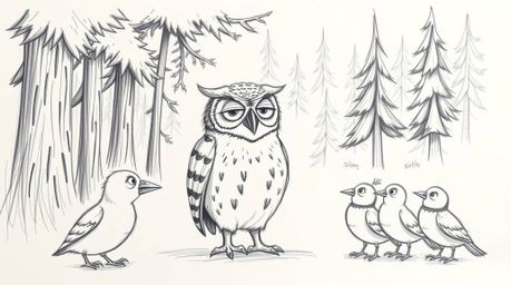 A captivating hand-drawn pencil sketch in the style of Pixar, depicting a wise, blind owl with expressive wrinkles.  The owl 