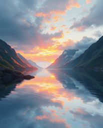 An adorable and charming digital painting of a glassy fjord reflecting a sunset in electric vivid colors. The scene is bathed