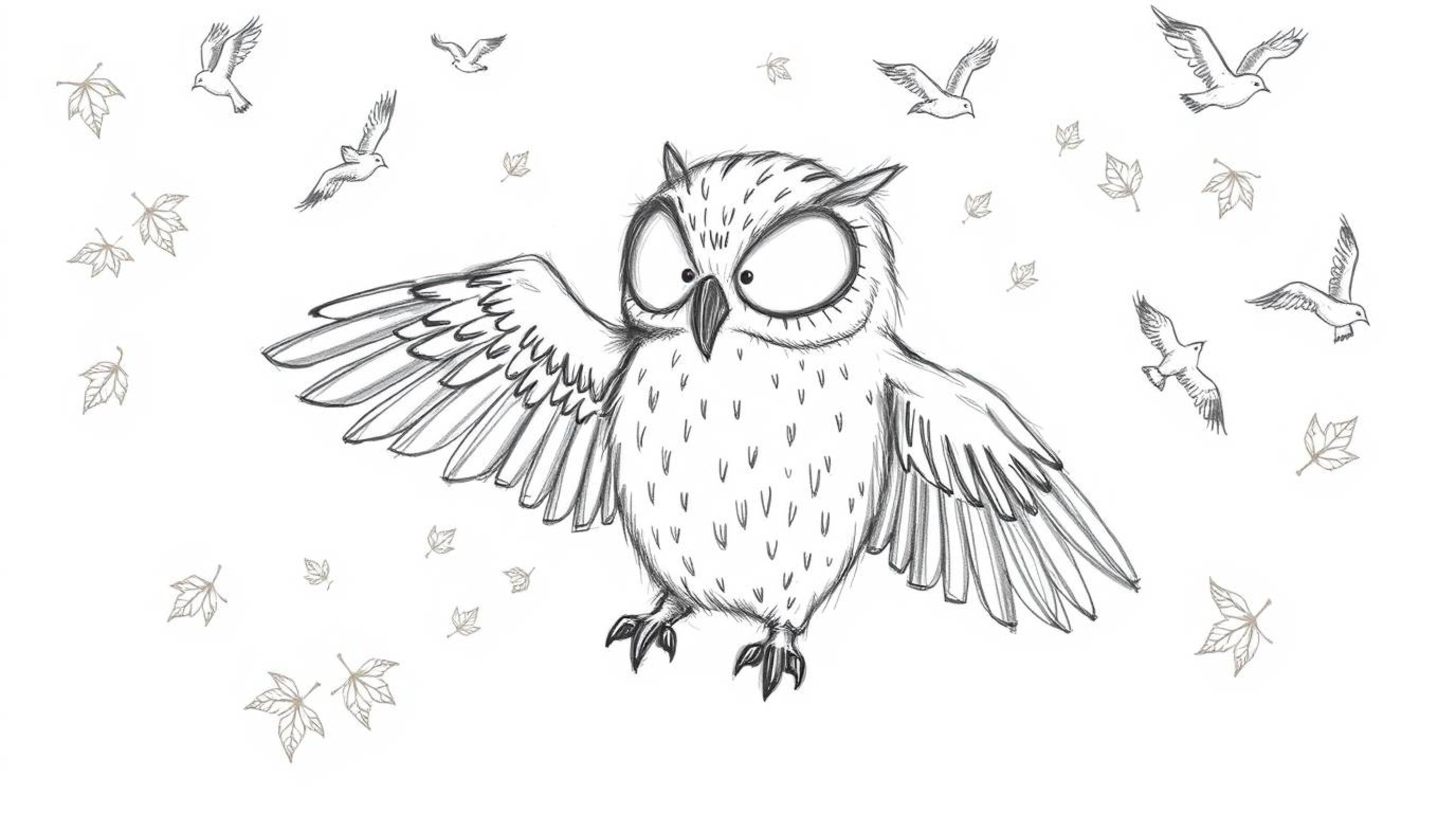 A heartwarming, hand-drawn sketch in the style of Pixar, depicting a blind owl with soft, textured feathers and slightly outs