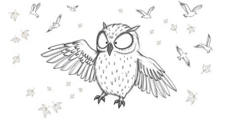 A heartwarming, hand-drawn sketch in the style of Pixar, depicting a blind owl with soft, textured feathers and slightly outs