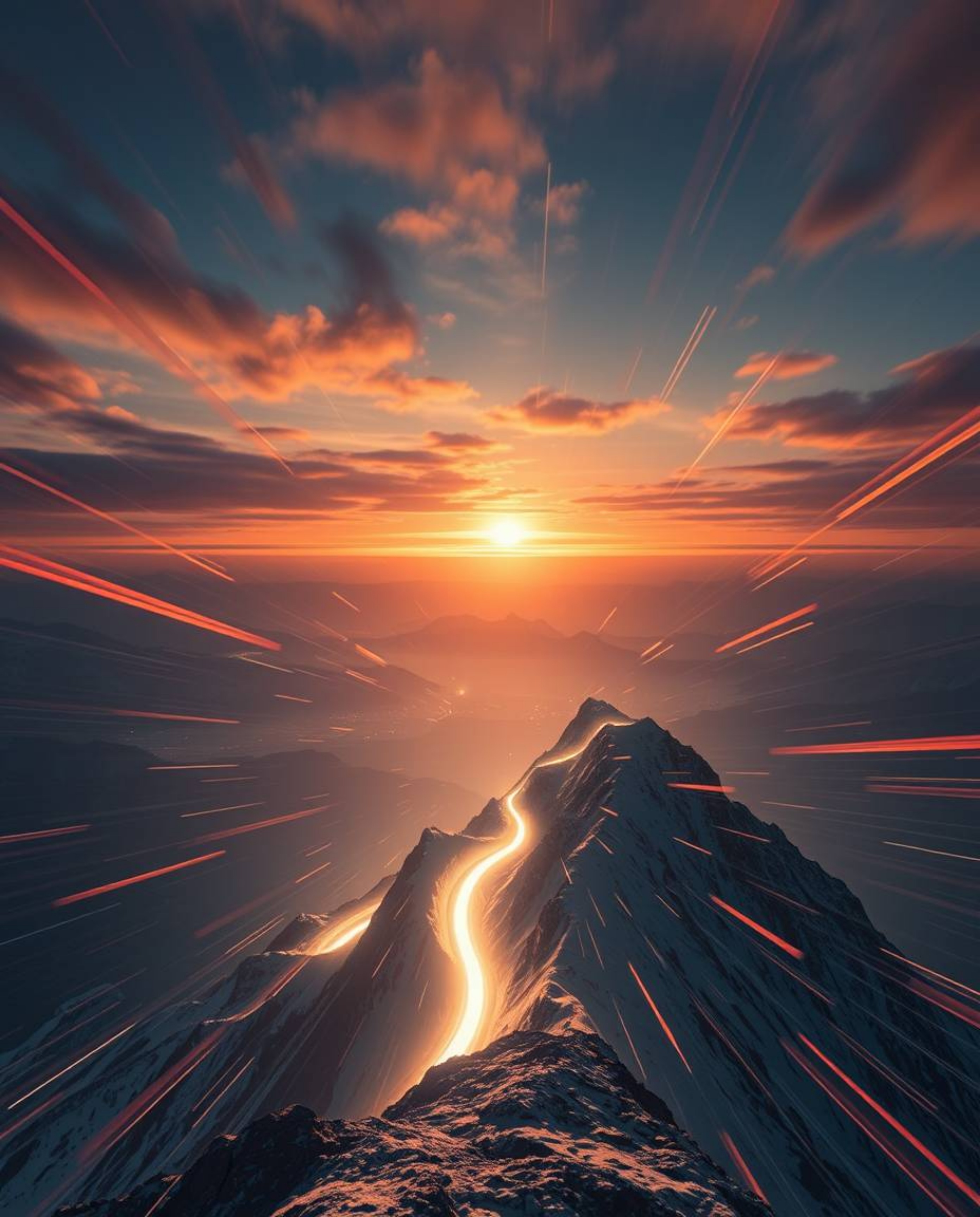 Behold an epic, modern, and futuristic scene of a sunset from a high alpine peak, presented on a massive scale. This breathta