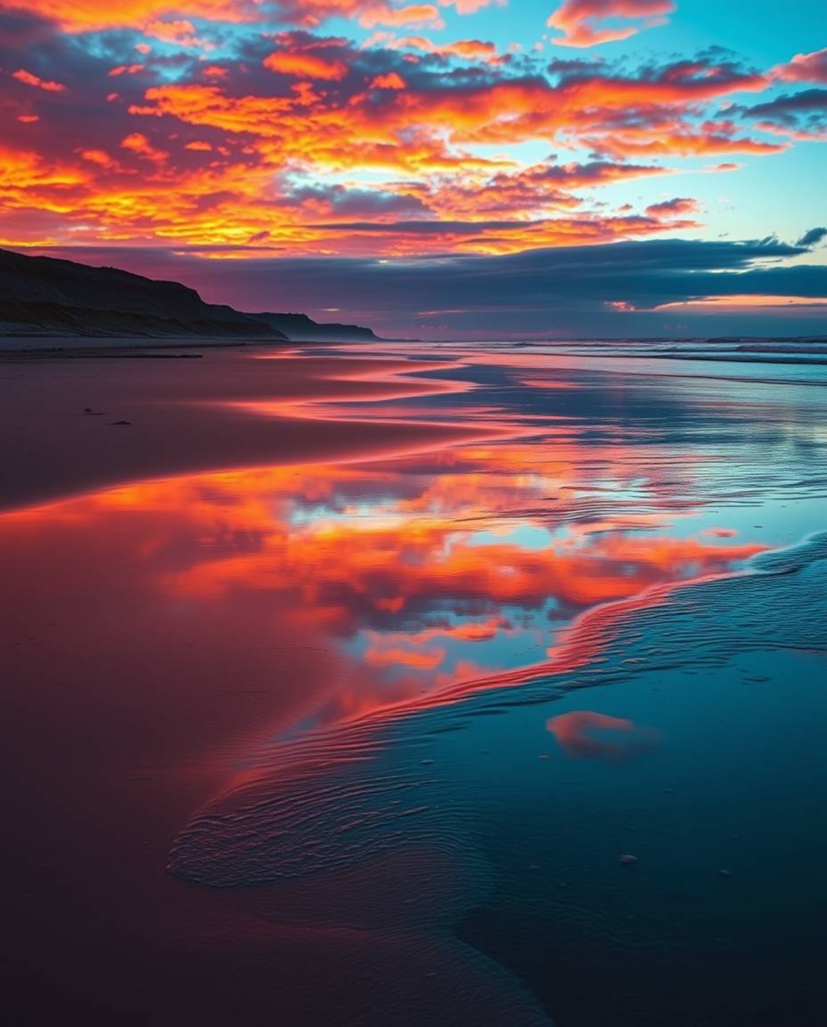 Intense dramatic lighting, using a striking combination of warm terracotta and cool teal tones, emphasizes a sunset sky mirro