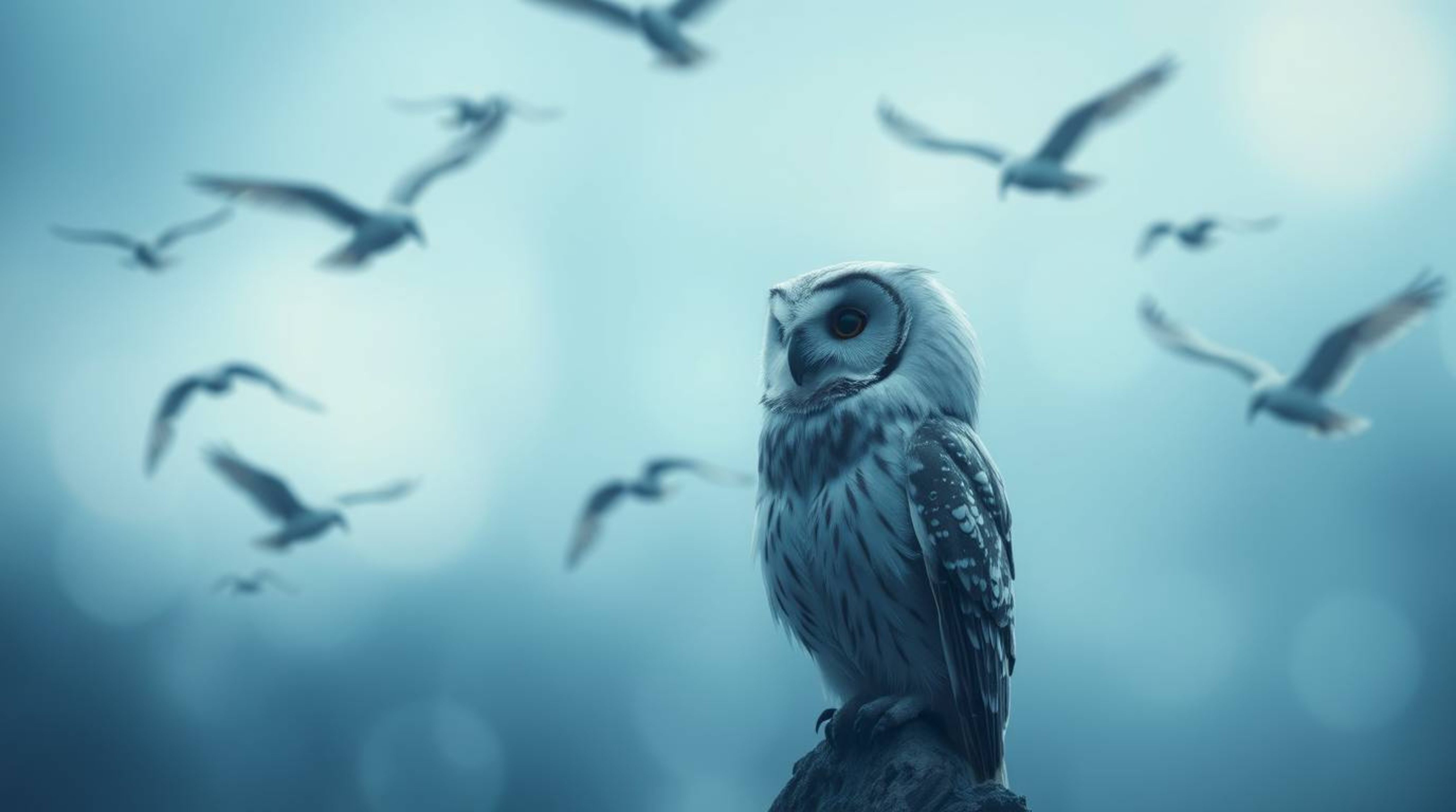 A long exposure photograph, exuding an ethereal vibe and enveloped in a soft cinematic haze, captures a wise, blind owl rende