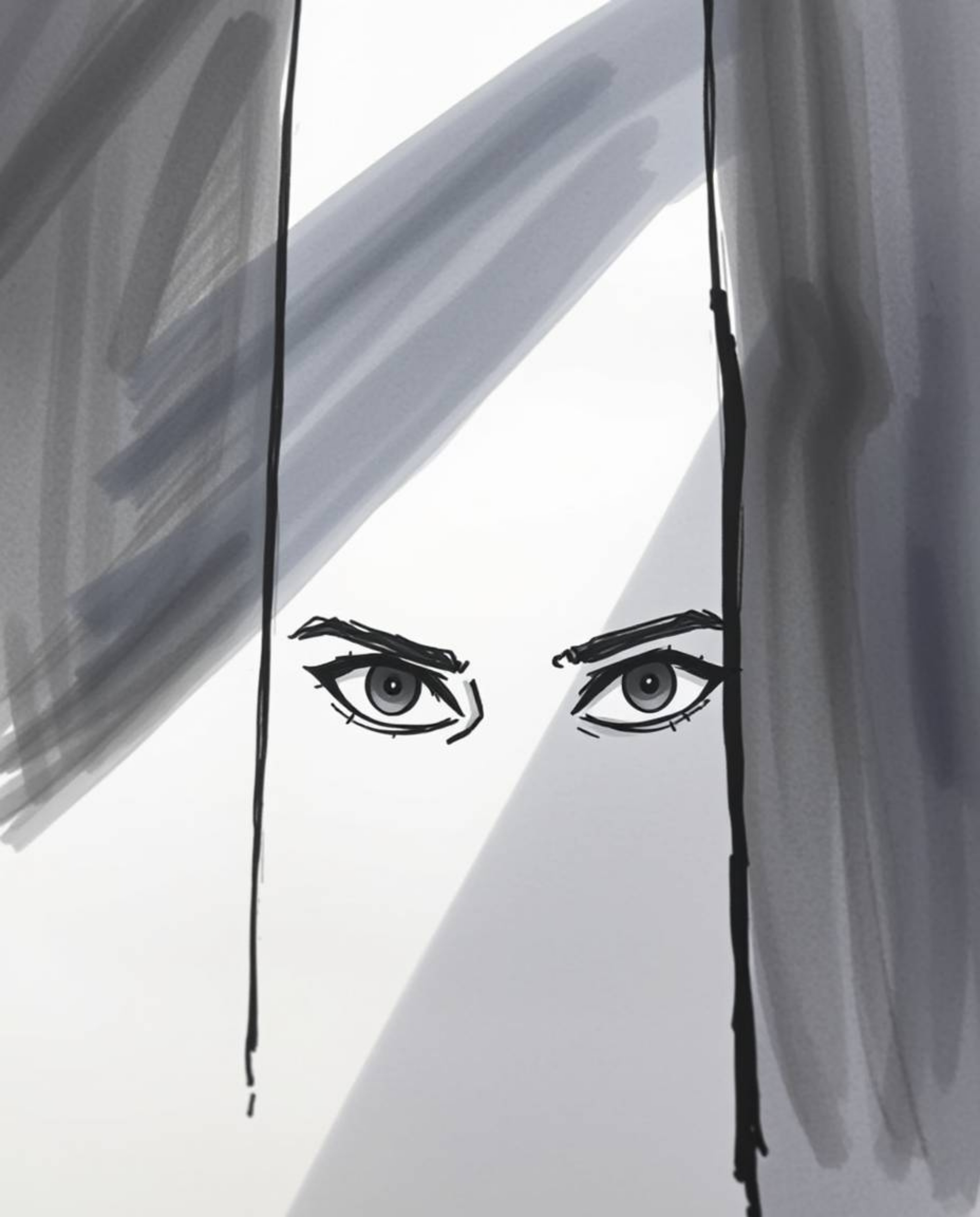 A hand-drawn sketch featuring eyes watching from the shadows of a night alley, utilizing smooth gradient transitions and chia