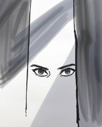 A hand-drawn sketch featuring eyes watching from the shadows of a night alley, utilizing smooth gradient transitions and chia