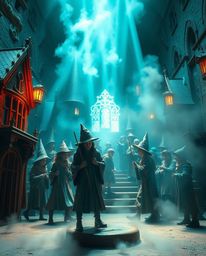 A captivating cast bronze sculpture portrays a magical school brimming with young wizards.  Warm terracotta and cool teal vol
