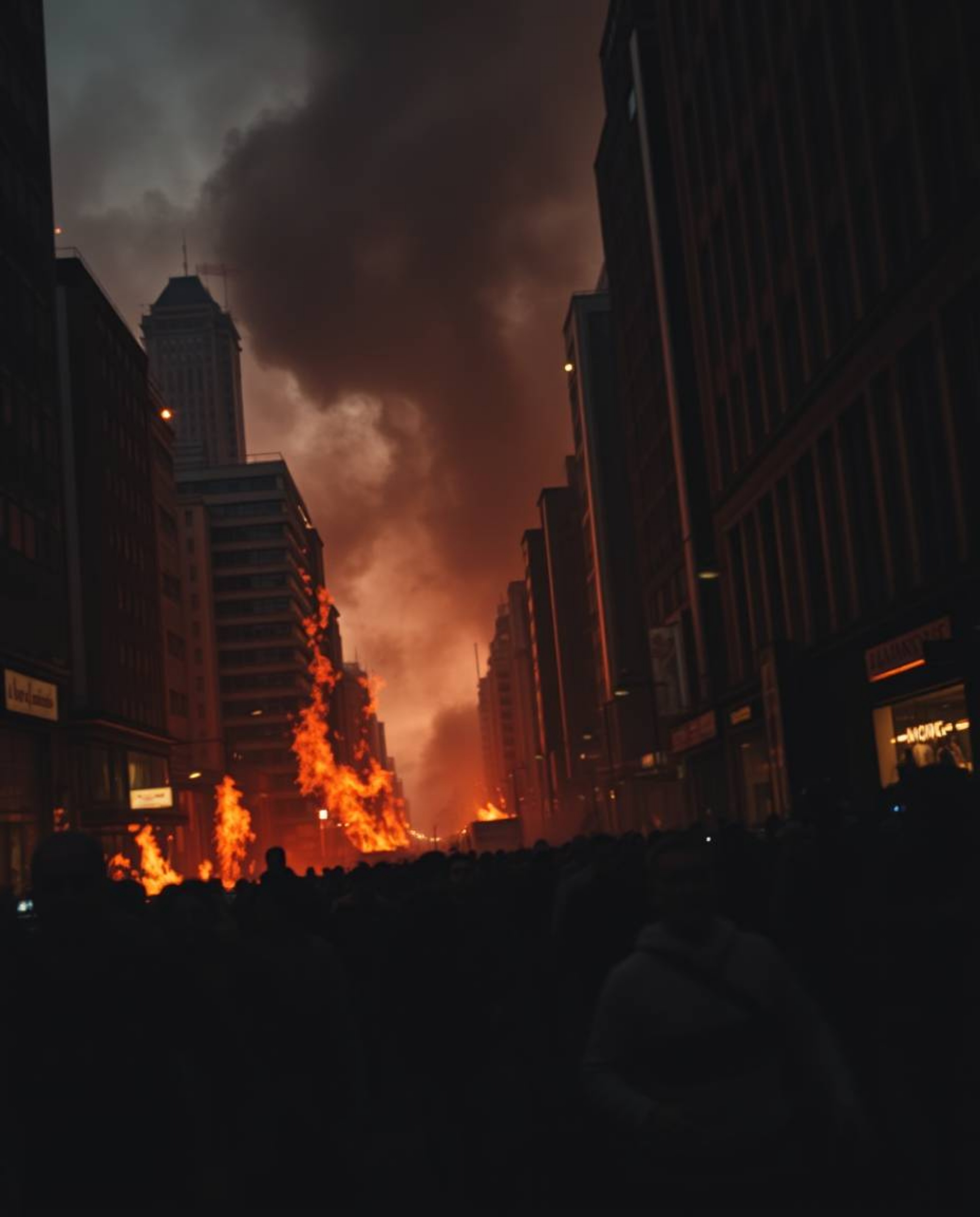 An extreme macro close-up of a detail within a city engulfed in flames, depicting people running in panic. The high contrast,