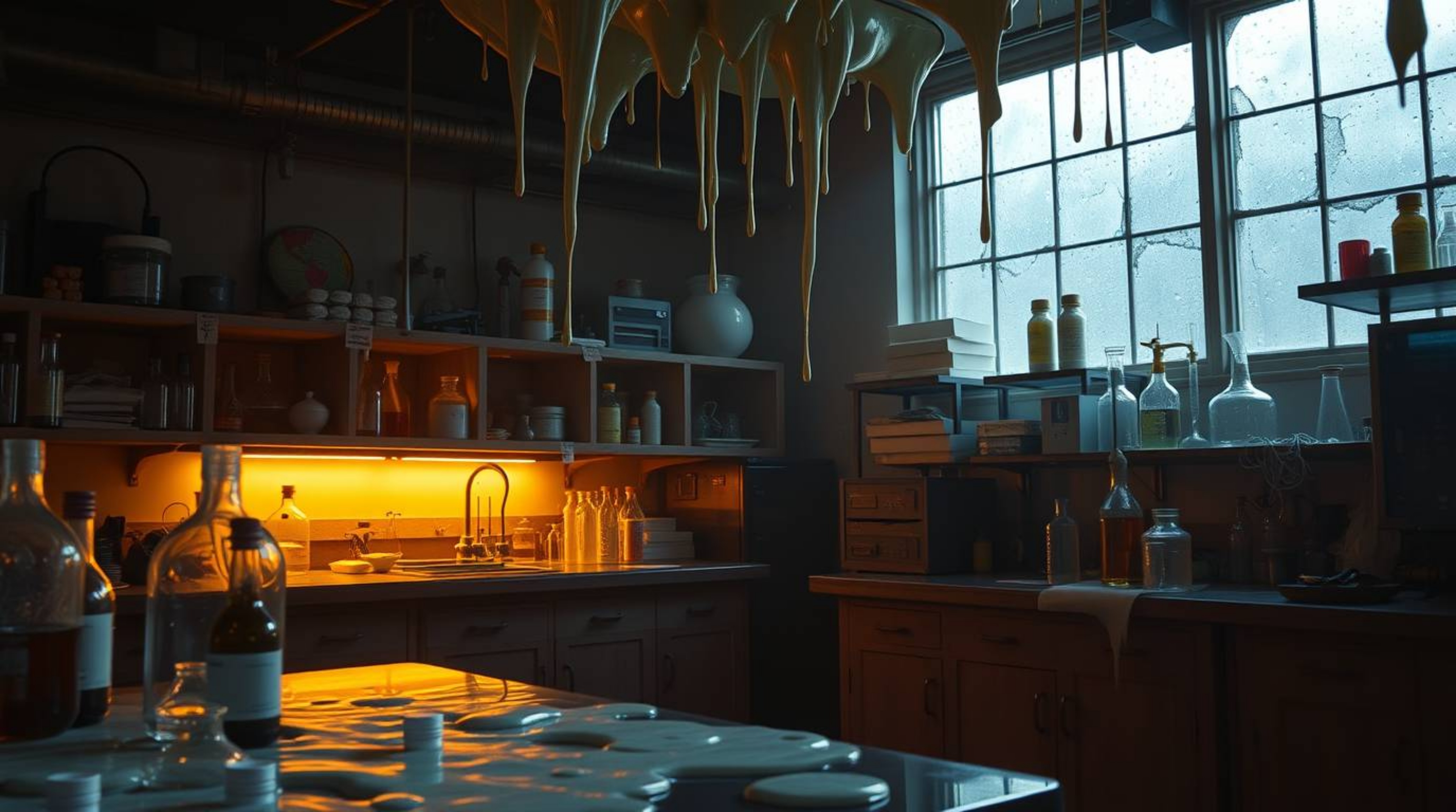 Imagine a science lab, strangely coated in slime, yet illuminated by a gentle, warm golden light. Diffused shadows create a r