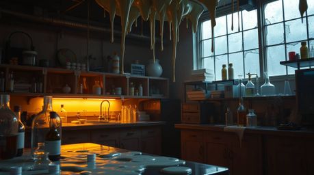 Imagine a science lab, strangely coated in slime, yet illuminated by a gentle, warm golden light. Diffused shadows create a r