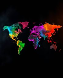 A captivating cinematic photograph showcasing a world map meticulously crafted from vibrant, colorful splashes against an int