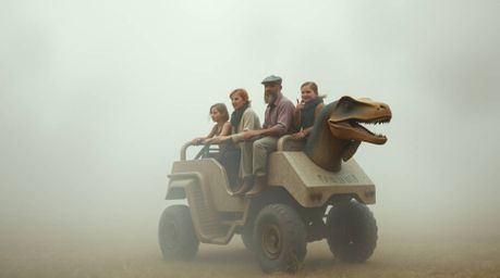A prehistoric family embarks on an adventurous ride in their unique dinosaur car, shrouded in a thick fog.  The scene is rend
