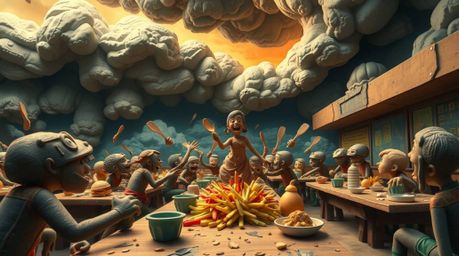 Experience an epic scene featuring intense dramatic weather and sculptural clay art, culminating in a wild food fight in a ca