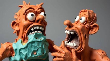 This warm terracotta and cool teal layered papier-mâché sculpture captures a hilarious gross-out comedy moment with exaggerat