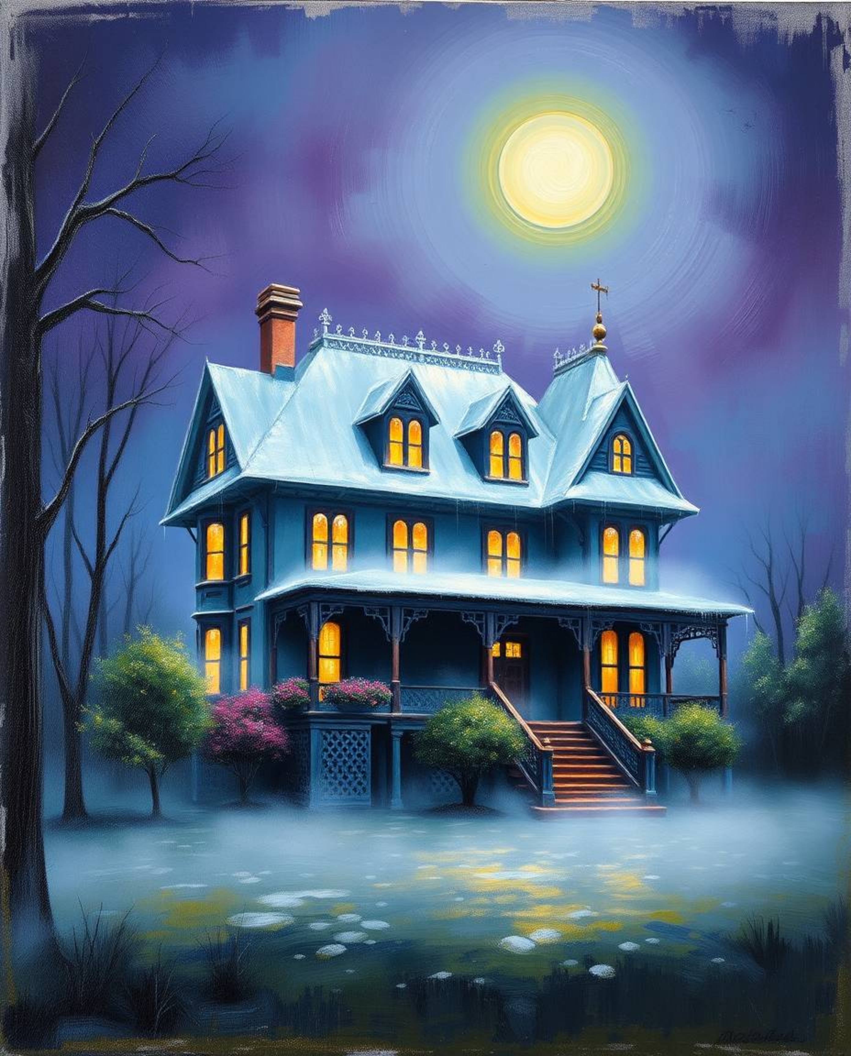 This classic oil painting depicts a fog-covered Victorian mansion bathed in moonlight, showcasing vibrant complementary color