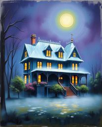 This classic oil painting depicts a fog-covered Victorian mansion bathed in moonlight, showcasing vibrant complementary color