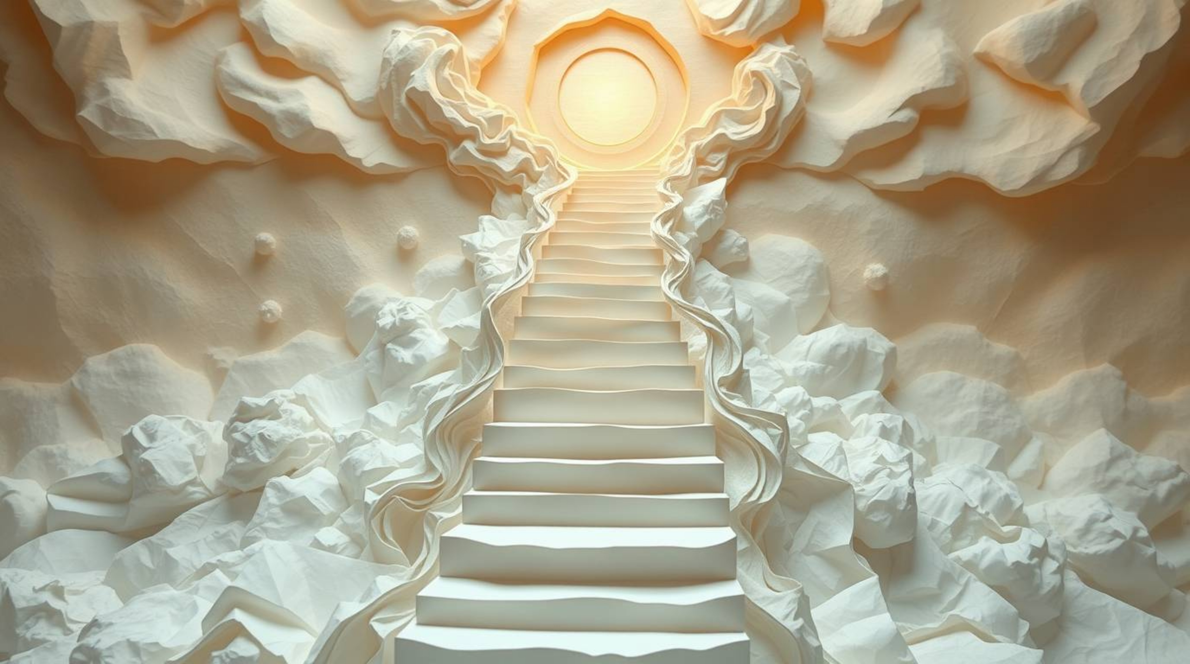 This ethereal papier-mâché sculpture captures a spiritual vibe, depicting a winding stairway of smoke and light ascending int