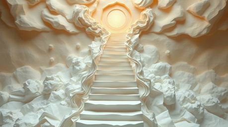 This ethereal papier-mâché sculpture captures a spiritual vibe, depicting a winding stairway of smoke and light ascending int