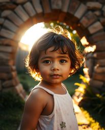 A sun-kissed child stumbles upon a magical portal hidden in their backyard, bathed in the warm glow of golden hour. This whi
