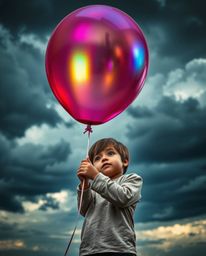A captivating image depicts a child clutching a balloon, its iridescent surface reflecting the dramatic stormy sky.  The scen