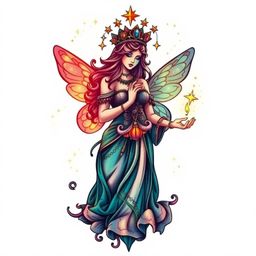 This symbolic traditional tattoo art print showcases a dramatic cinematic style, featuring a fairy godmother appearing in a s