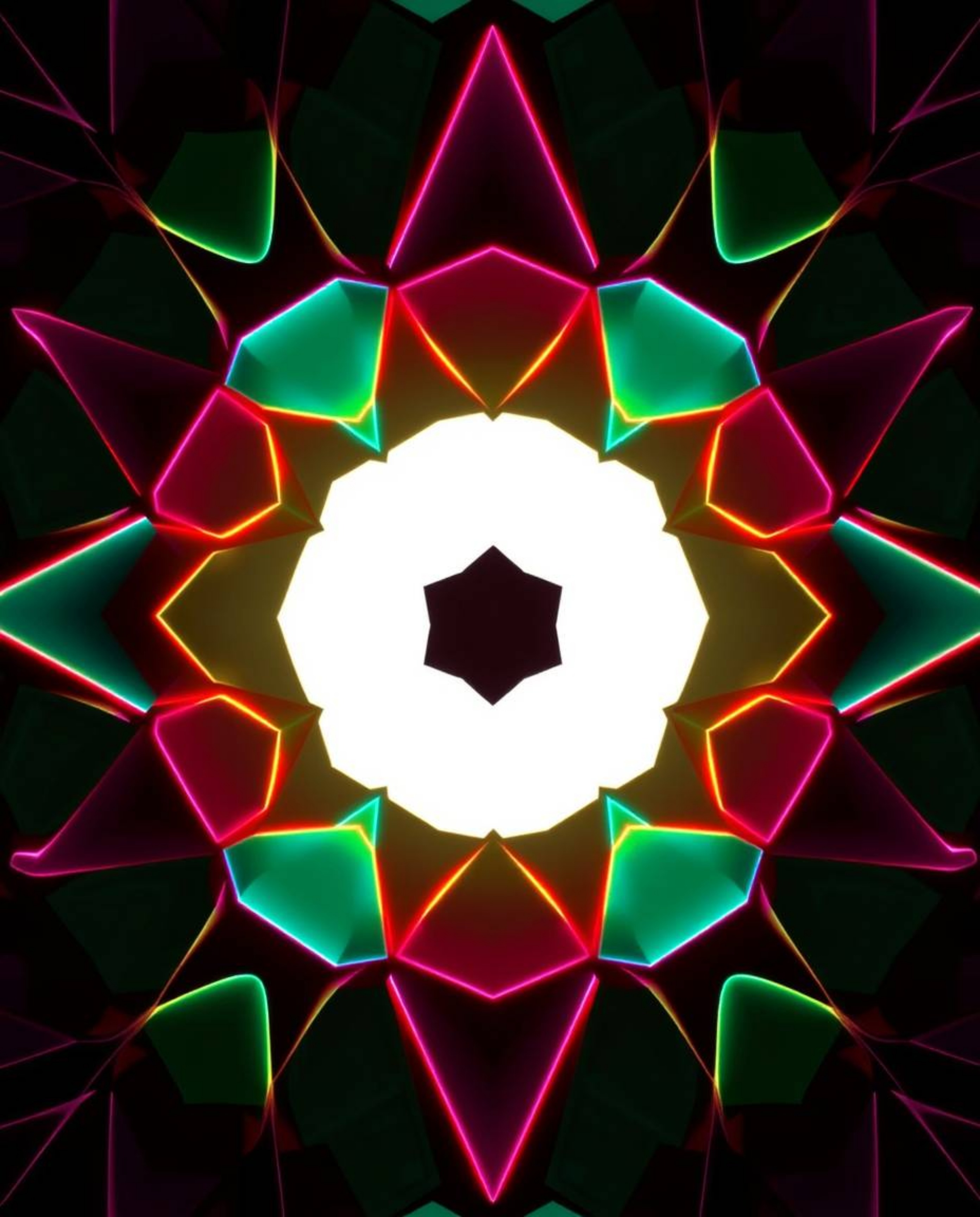 This visually striking logo design features a seamless geometric pattern of hexagons and triangles in a vibrant neon color pa