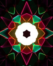 This visually striking logo design features a seamless geometric pattern of hexagons and triangles in a vibrant neon color pa