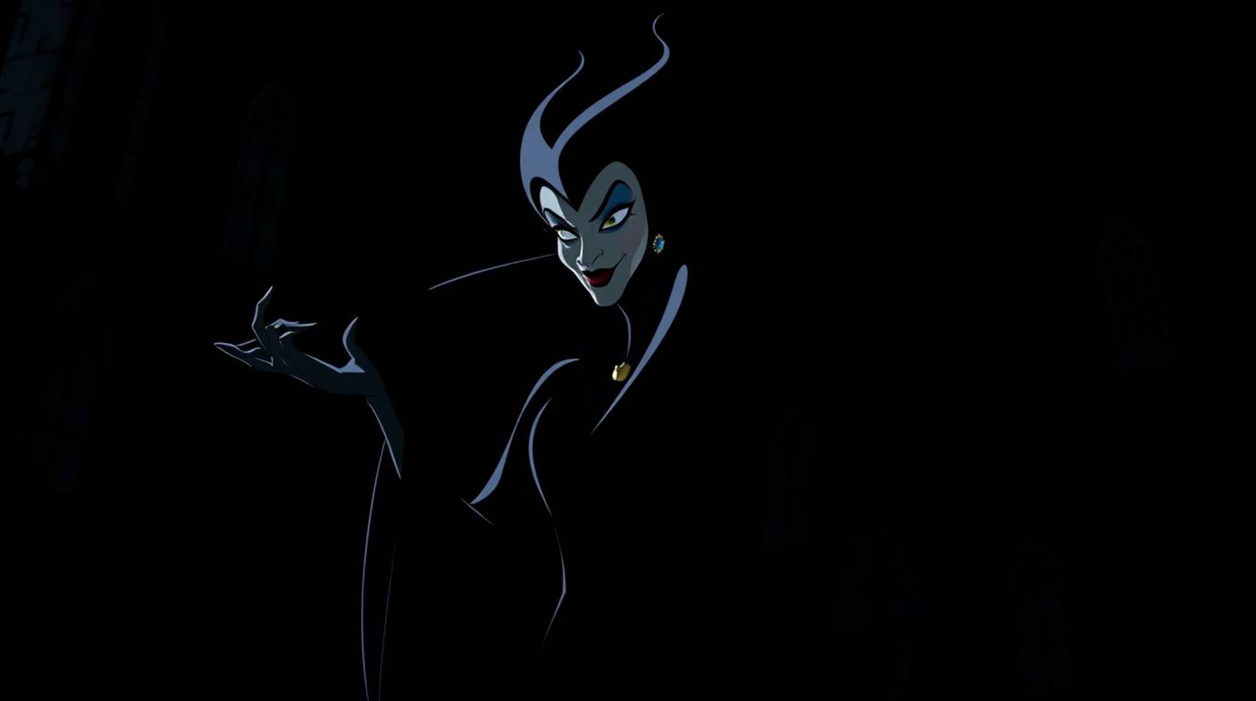 A classic Disney villain, elegant and graceful, casts a spell in a jet-black depiction of an old castle. The image showcases