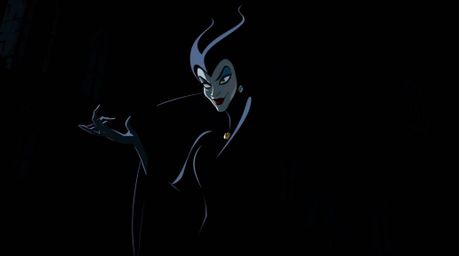 A classic Disney villain, elegant and graceful, casts a spell in a jet-black depiction of an old castle.  The image showcases