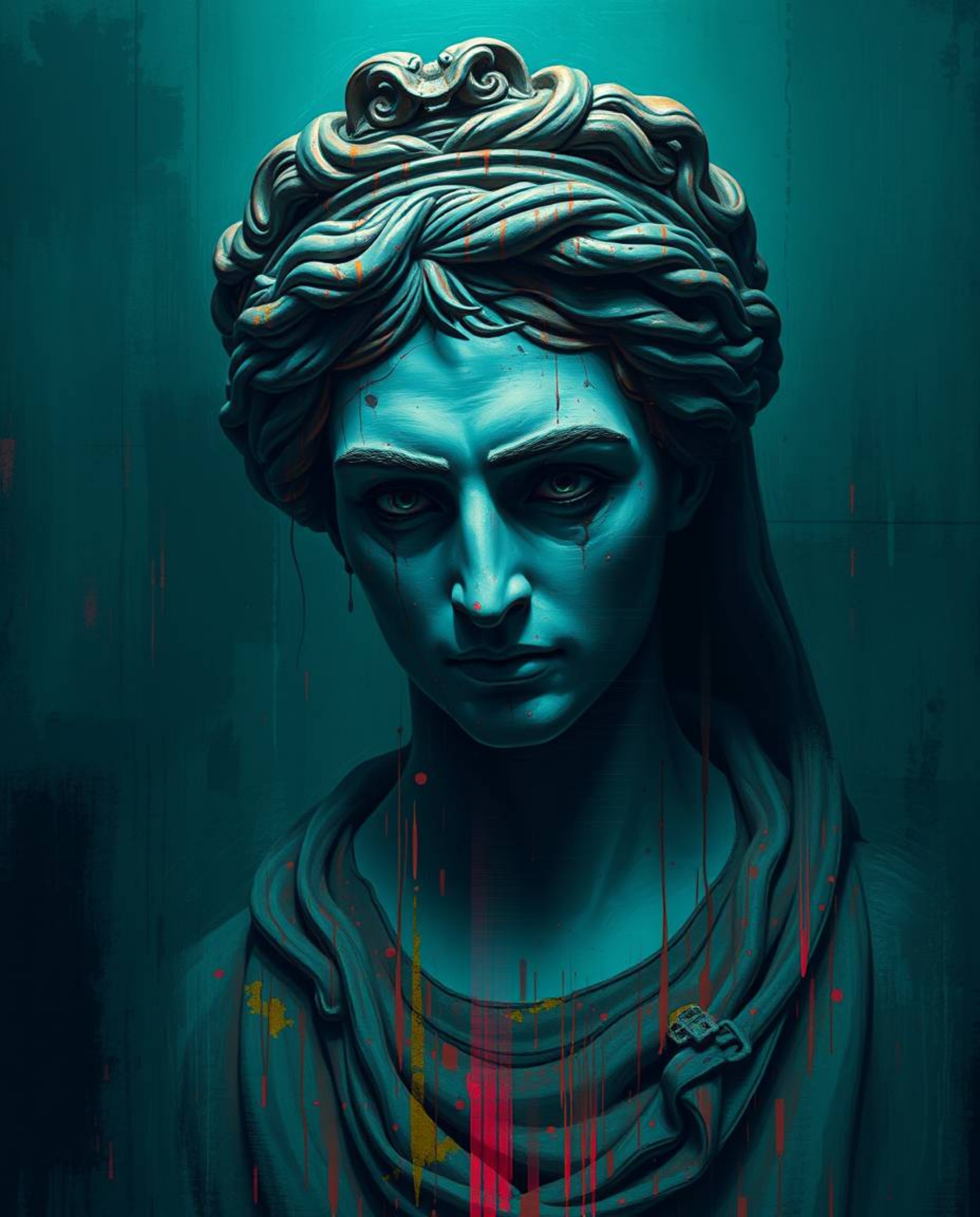 A captivating digital painting showcases an unsettling classical sculpture infused with a vibrant glitch effect.  Rich, deep 