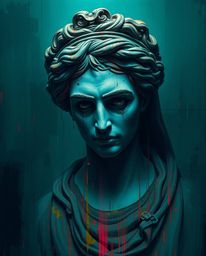 A captivating digital painting showcases an unsettling classical sculpture infused with a vibrant glitch effect.  Rich, deep 