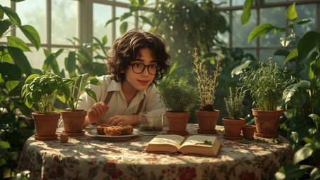 a cinematic, warm-toned photograph of a bright-eyed, bespectacled young genius, with curly brown hair and a gentle, encouragi