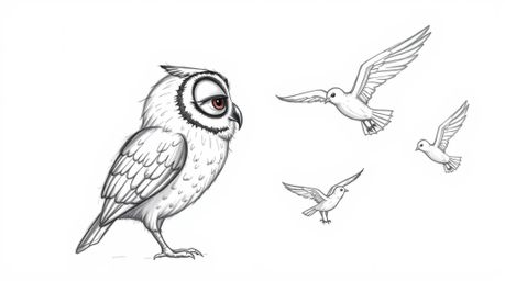 A hand-drawn Pixar-style sketch showcases a unique scene: a blind owl, rendered with textured pencil strokes and rough lines,