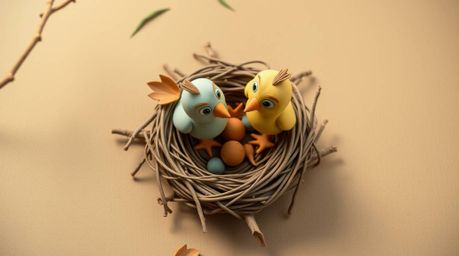 A high-angle shot showcases charming clay animation art featuring two cartoon birds meticulously constructing their nest. Th