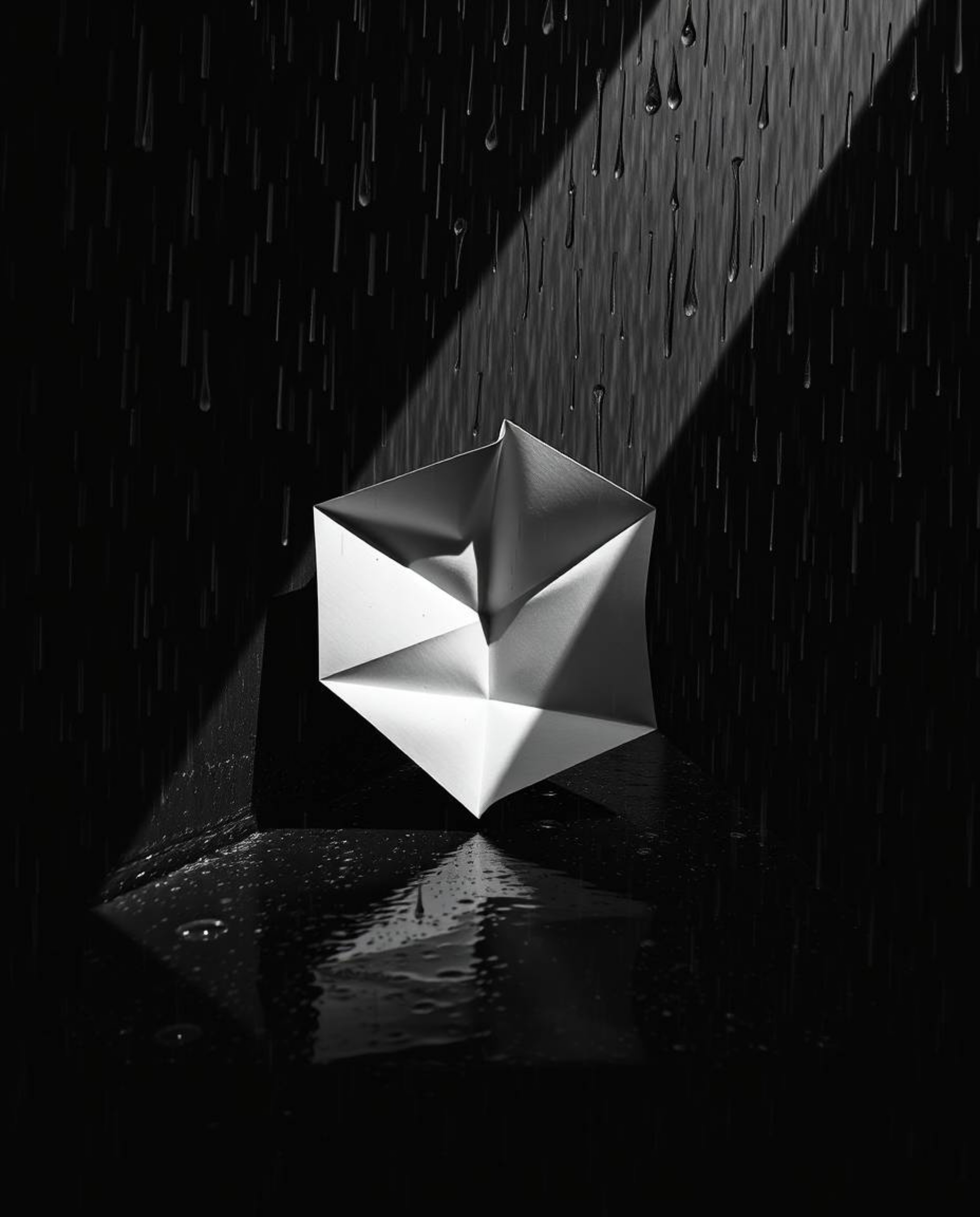 Experience the captivating visual of a monochrome image depicting a wet rainy scene with a striking 3D geometric pattern, rem