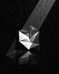 Experience the captivating visual of a monochrome image depicting a wet rainy scene with a striking 3D geometric pattern, rem